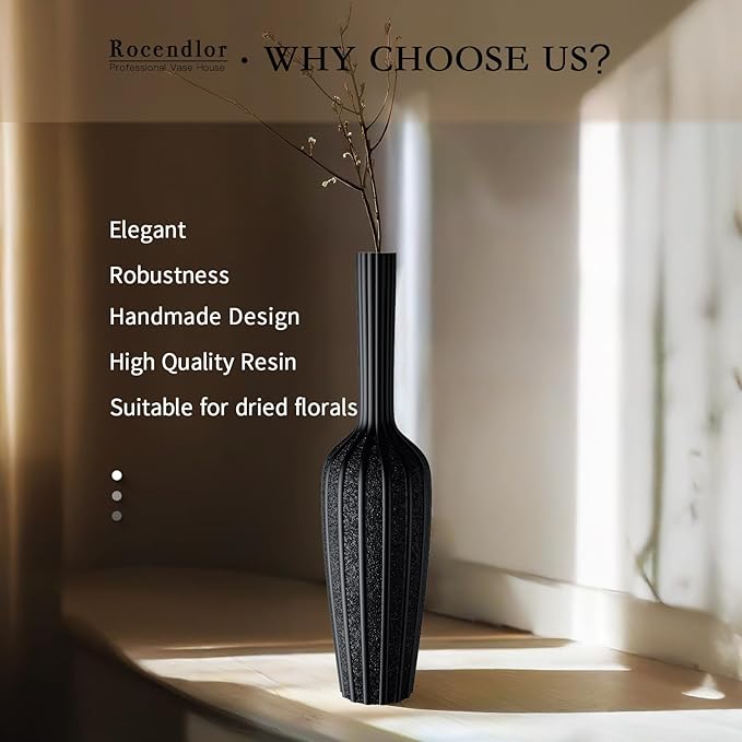 Modern Black Floor Vase - 23.62 Inches Tall Decorative Vase for Dried Flowers, Home Decor Accent, Resin Tall Floor Vase
