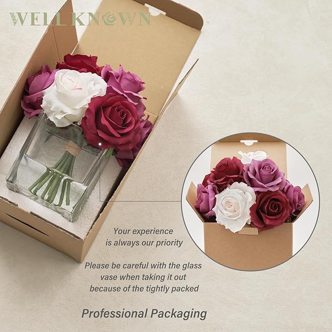 WELL KNOWN Rose Artificial Flowers in Vase with Faux Water, Silk Rose Table Centerpieces for Home Coffee Table Decor, Fake Roses Flower Arrangements for Office Hotel Lavatory Decor (Purple & White)