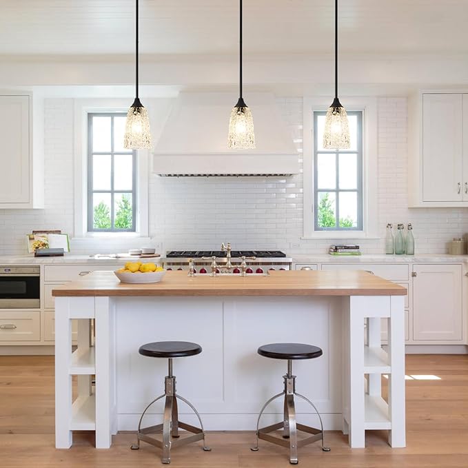 Black Pendant Lights Kitchen Island 2 Pack, Hammered Glass Pendant Light Fixtures with Clear Glass and Rods, Adjustable Modern Hanging Light for Kitchen Sink Dining Room Bedroom, E26