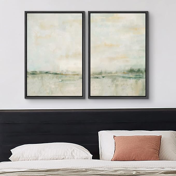 MUDECOR Framed Canvas Print Wall Art Set Watercolor Pastel Green Tan Landscape Abstract Shapes Illustrations Modern Art Decorative Contemporary for Living Room, Bedroom, Office - 16"x24"x2 Black