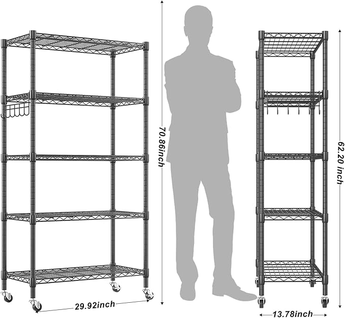 Homdox 5 Tier Metal Storage Shelves with Wheels, Heavy Duty Wire Shelving Unit, Adjustable Storage Racks with Side Hooks for Bathroom Kitchen Garage Pantry Organization, Black