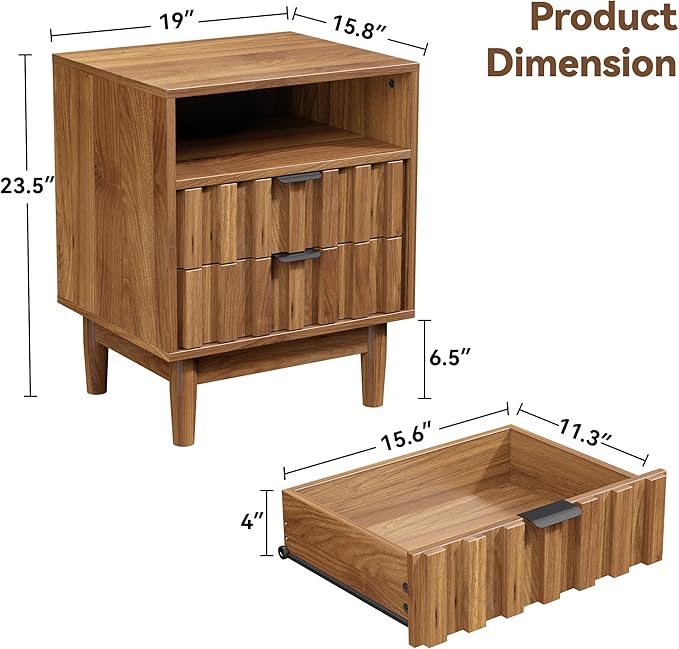 Fluted Nightstand with 2 Drawers, 19" Wide Night Stand with Solid Wood Legs, Open Storage Shelf, Mid Century Modern Wooden Bedside Table for Bedroom, Bed End Side Table, Walnut