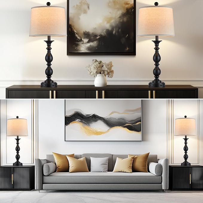 28" Tall Modern Table Lamps Set of 2 with USB C+A Ports and AC Outlet, 3 Way Touch Metal Bedside Lamps for Living Room, Black Farmhouse Nightstand Lamps for Bedroom