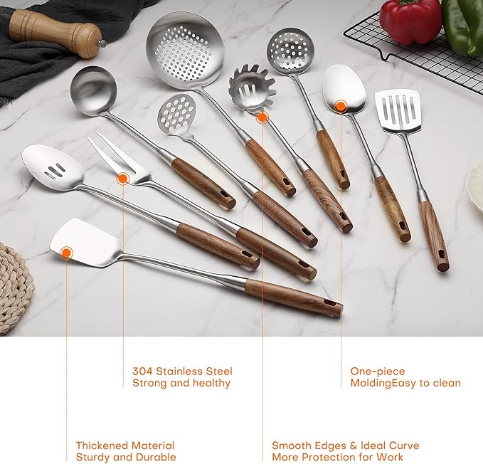 10 Pcs Cooking Utensils Set 304 Stainlss Steel Kitchen Utensils Set Heat Resistant Wooden Handle Kitchen Tools Metal Kitchen Utensil Soup Ladle Set, Dishwasher Safe