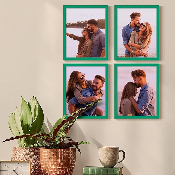 Renditions Gallery Set of 4, 11X14 Custom Photo Prints with Real Wood Picture Frames. Create Personalized Photos with Peel & Stick Photo Frames. Green Frame