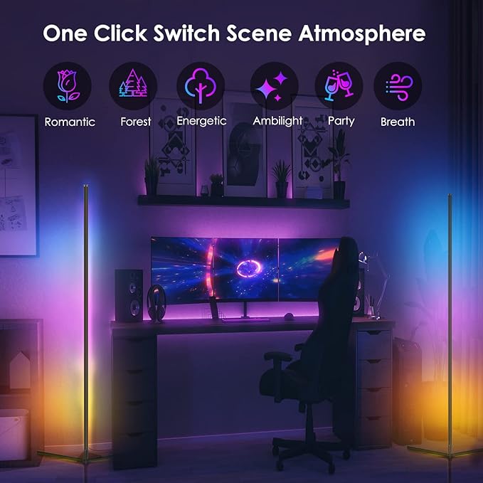 2PCS RGB Floor Lamp, Corner Floor Lamp RGB Color Changing Corner Lamp LED Modern Floor Lights with Bluetooth APP and Remote Control Music Sync, 65" RGB Mood Lighting 24H Timing 398+ DIY Modes