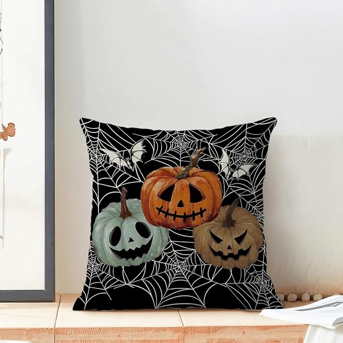 Halloween Decor Pillow Covers 18x18 Set of 2 Spider Web Orange Pumpkin Bat Black Decorative Throw Pillow Covers Outdoor Decoration Autumn Pumpkin Pillowcase Farmhouse Cushion Case for Home Sofa