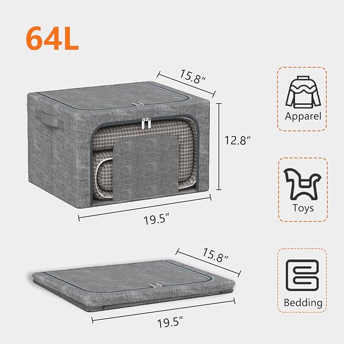64L Stackable Clothes Storage Bins with Metal Frame, 4 Piece Stackable Clothes Organizer with Double Opening + Clear Window Design for Cabinets, Under Beds, Storage and Garage Gray