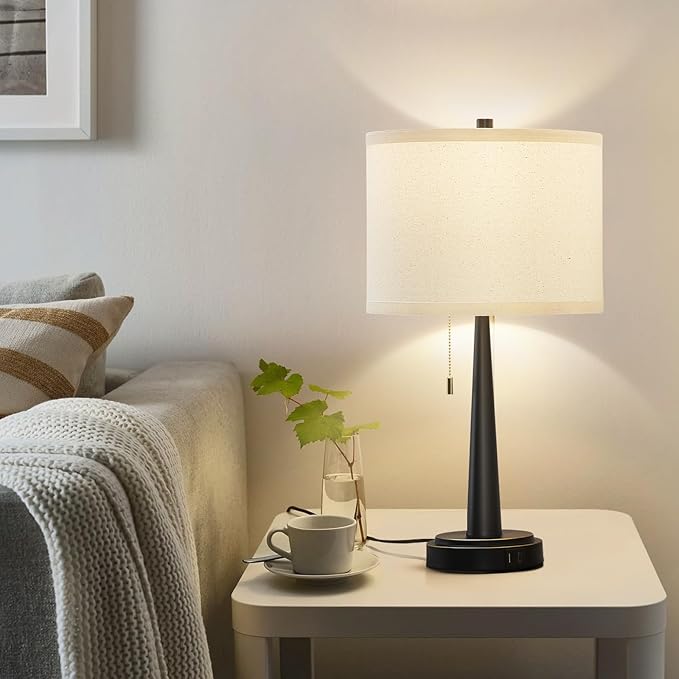 GyroVu Table Lamp Set of 2, Beside Lamps with USB-C+A Nightstand Lamp with Pull Chain Swtich Modern Led Table Lamp for Living Room, Bedroom & Office-9W Led Bulbs Included(Matte Black)
