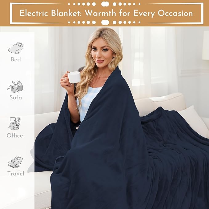 Electric Heated Blanket Microplush Cover Blanket, Full Size 72"x84" with 5 Heat Settings & 10 Hours Auto Off, Cozy & Warm for All Night, Machine Washable, Dark Blue