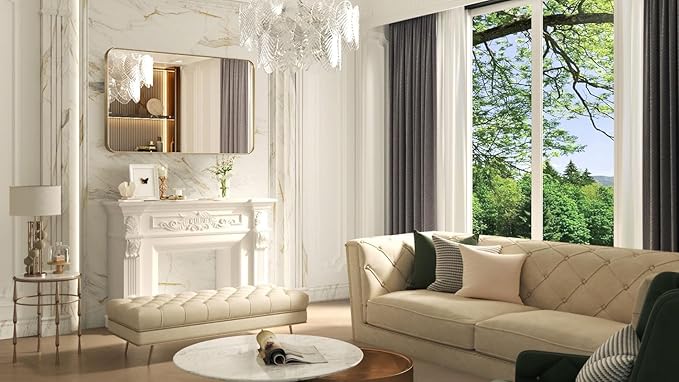 40x30 Inch Gold Bathroom Mirror, Brushed Metal Framed Rectangle Mirror with Rounded Corner, Gold Bathroom Vanity Mirror for Bedroom or Living Room, Horizontal/Vertical