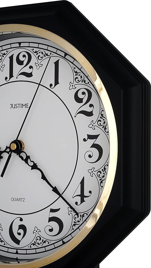 JUSTIME Traditional Schoolhouse Classic Vintage Arabic Regulator Wall Clock, Chiming Wall Clocks with Pendulum & Westminster Chime Hourly, Schoolhouse Wall Decor Battery Operated (Matte Black)