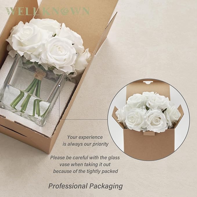 WELL KNOWN Rose Artificial Flowers in Vase with Faux Water, Ivory White Silk Rose Table Centerpieces for Home Coffee Table Decor, Fake Roses Flower Arrangements for Office Hotel Lavatory Decor
