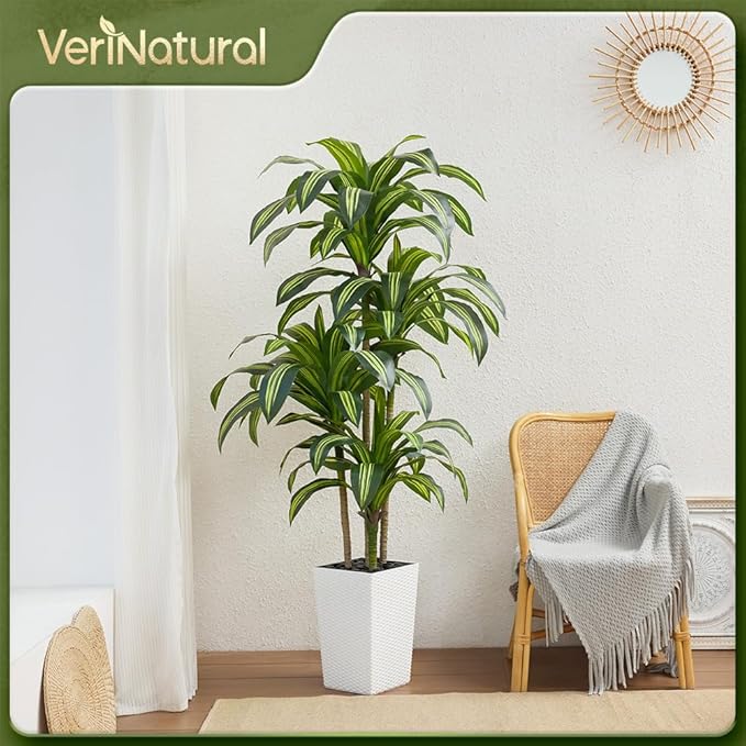 Artificial Dracaena Tree 6FT - UV Resistant Faux Tree with Large Taper Planter & Pebbles - Tall Fake Plants Indoor & Outdoor, Potted Floor Plant for Home Living Room Porch Decor, VN127