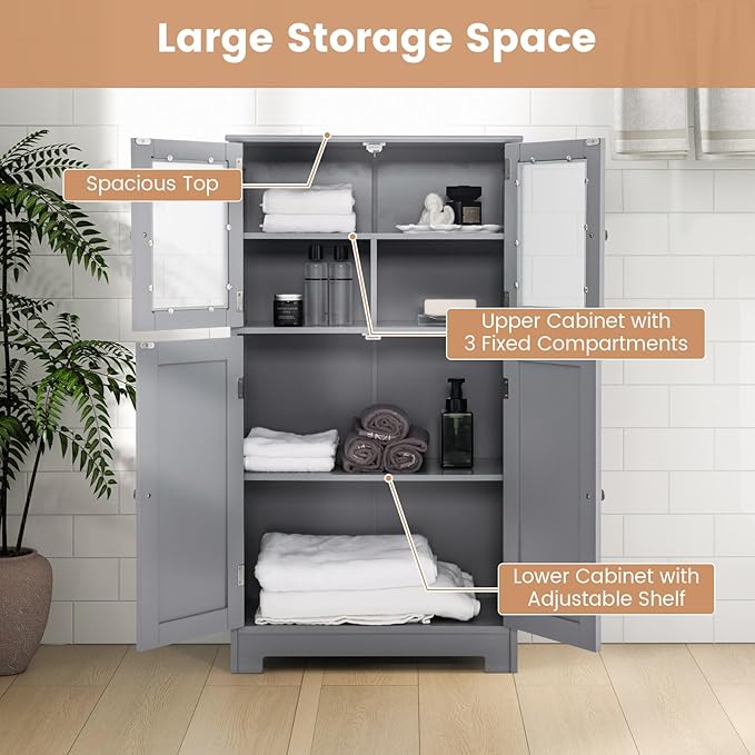 GOFLAME Bathroom Storage Cabinet, Freestanding Storage Cabinet with 4 Doors, Wooden Kitchen Cupboard with Adjustable Shelf, Buffet Sideboard, Multipurpose Home Organizer for Bathroom, Kitchen, Grey