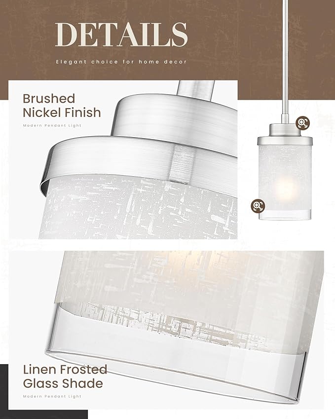 TENGXIN Modern Pendant Light for Kitchen Island, Brushed Nickel Hanging Ceiling Light Fixture,Farmhouse Pendant Lighting for Dining Room Bedroom Bar Office,TXPLBN01