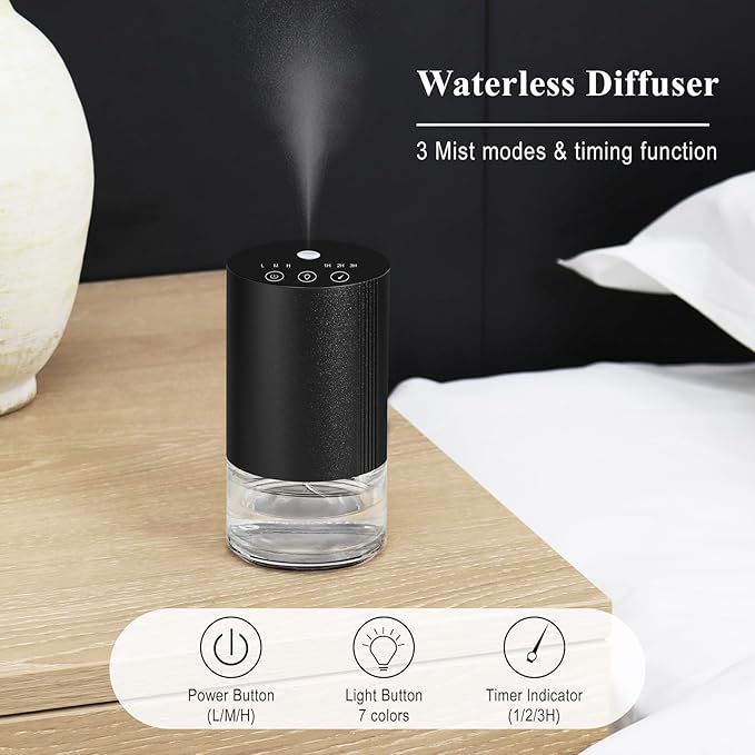 Essential Oil Diffuser, Waterless Scent Diffusers for Home, 100ml Capacity Atomizing Humidifier, Rechargeable Air Freshener Machine with 7-Color Ambient Light for Bathroom Car Office (Black)