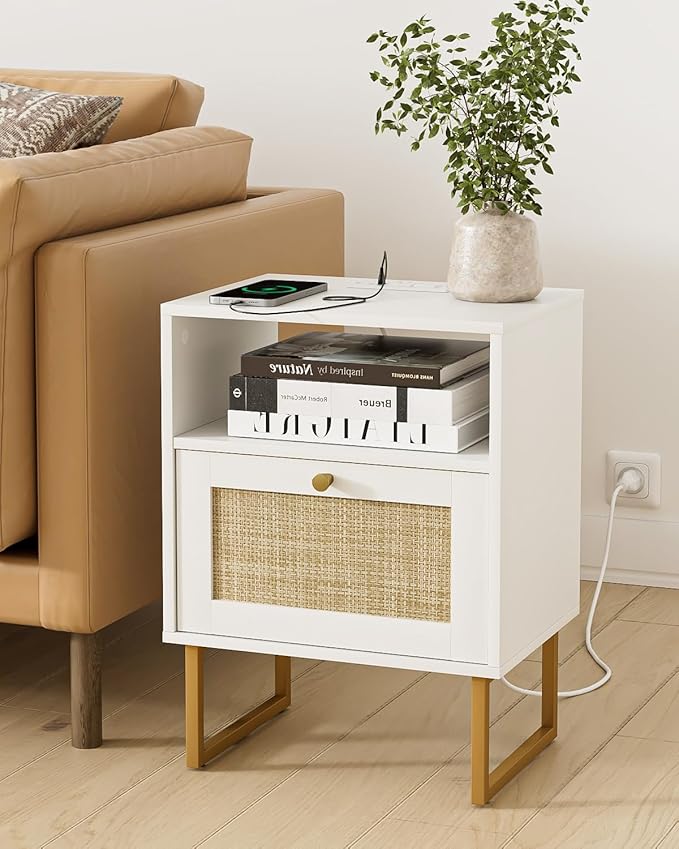 Rattan Nightstand with Charging Station, Boho Night Stand Farmhouse Wood Bedside Table with Storage and Open Shelf, End Side Accent Table for Bedroom,Living Room,White