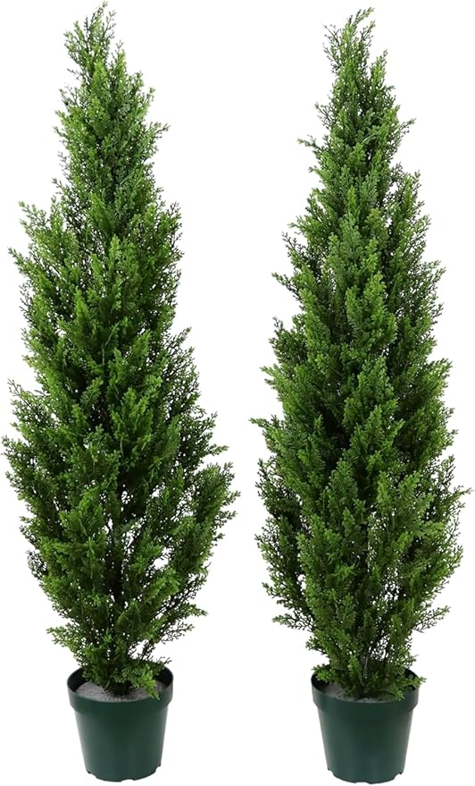 COMUSTER 4FT Artificial Cedar Topiary Trees for Outdoors Potted Fake Cypress Trees Faux Evergreen Plants for Home Porch Decor Set of 2