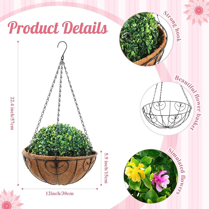 Lyrow 2 Pcs Artificial Hanging Flowers with Fake Basket Outdoor Realistic Hanging Plants with 12 Inch Coconut Lining Basket for Patio Lawn Garden Porch Decor(Colored)