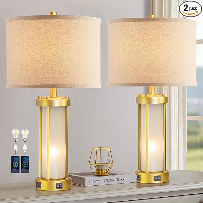 RORIA Modern Table Lamps for Living Room Set of 2, Farmhouse Bedroom Lamps for Nightstands with Dual USB Ports, Gold Bedside Lamps with White Frosted Glass Nightlight, 4 Bulbs Includes (Gold)