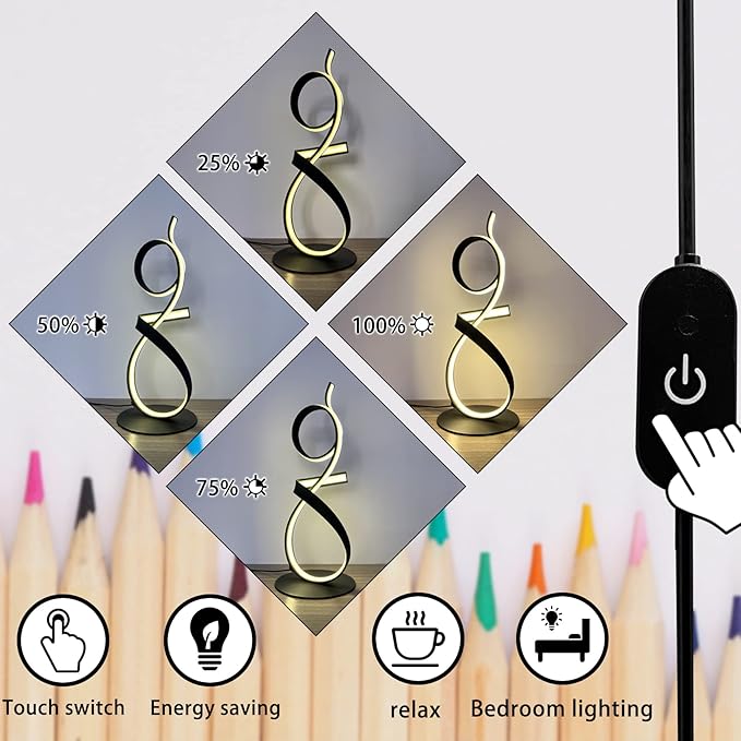 LED 3Color Touch Dimming Table Lamps,Knight Art lamp，Spiral lamp，Aluminum Touch Lamps Modern，Living Room Table Lights, Bedroom LED Bedside Light (Black)