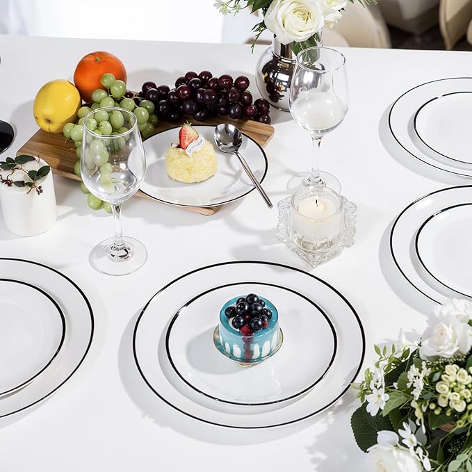 LIYH 60 Pcs White Plastic Plates Disposable for Party Black Plastic Disposable Heavy Duty Party Wedding Plates Including 30 Dinner Plate 10.25” & 30 Dessert Plate 7.5"