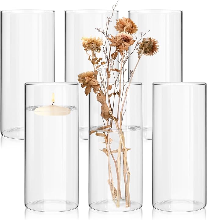 6 Pack Glass Cylinder Vases 10 Inch Tall Clear Flower Vase Bulk Glass Vases Hurricane Floating Candle Holder for Table Centerpiece Party Wedding Home Decor