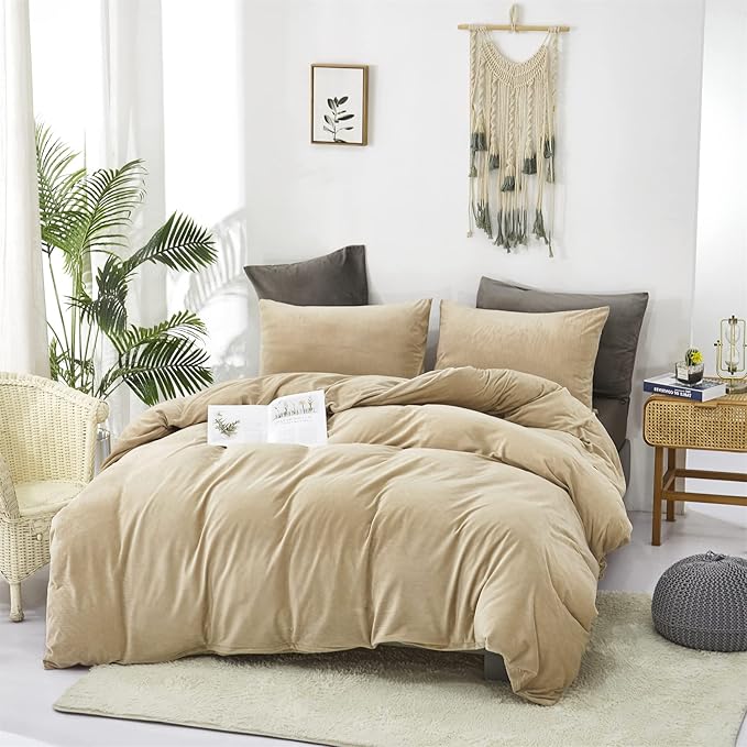 Luxlovery Khaki Velvet Comforter California King Cream Flannel Bedding Minimalist Bedding Set Dark Champagne Blanket Quilts Heavyweight Winter Taupe