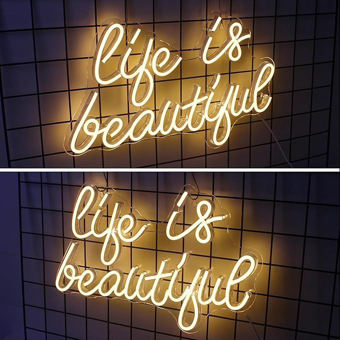 Horseneon Life is Beautiful Neon Signs for Wall Decor, Letter Neon Lights for Bedroom, Led Sign with USB Powered for Livingroom, Wall Hanging Decor, Windows (Warm White)