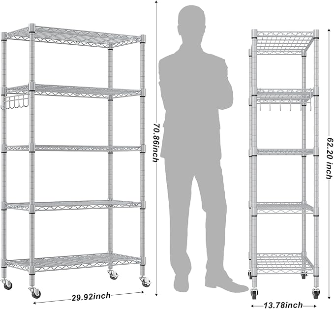 Homdox 5 Tier Adjustable Rolling Storage Shelves, Heavy Duty Wire Racks and Shelving, Metal Shelves for with Side Hooks Pantry Closet Kitchen Garage Organization, Silver Gray