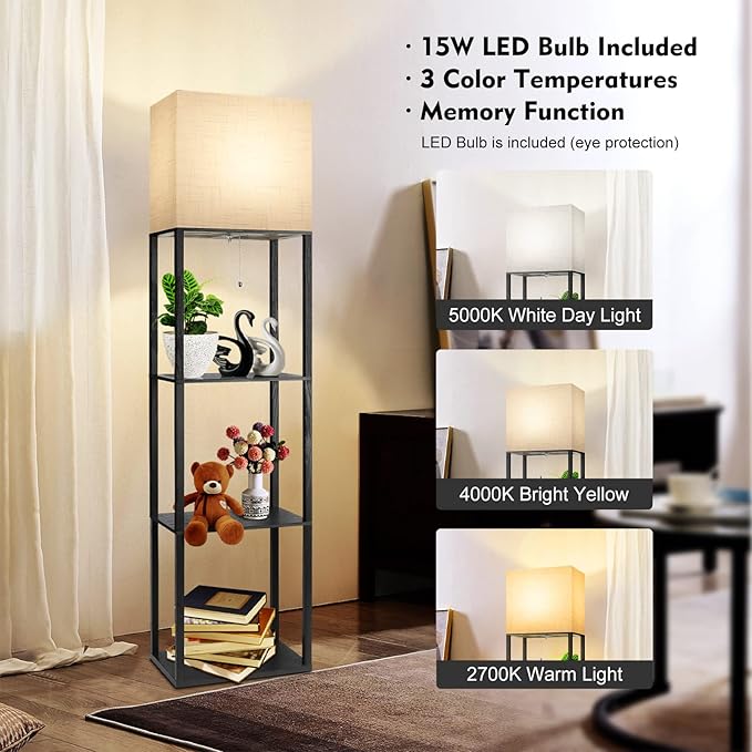 RUNTOP Plus Floor Lamp with Shelves, Shelf Lamp with 15W LED Bulb, 3 Colors, Memory Function, Wide Display Shelf for Collectibles Storge, Shelf Floor Lamps for Living Room, Standing Lamp for Bedroom