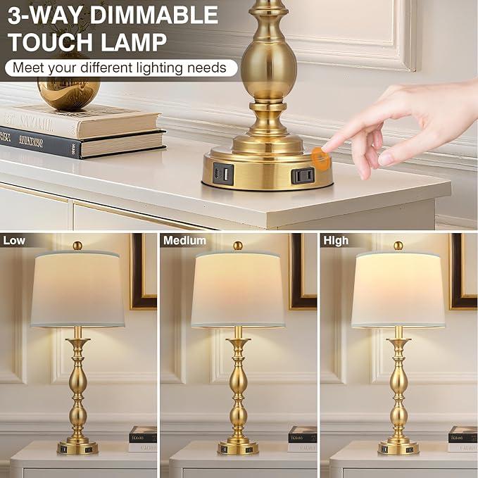 28" Tall Modern Table Lamps Set of 2 with USB C+A Ports and AC Outlet, 3 Way Touch Metal Bedside Lamps for Living Room, Gold Farmhouse Nightstand Lamps for Bedroom
