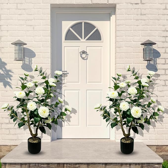 Tall Artificial 2Pack White Camellia Tree Potted Bushes UV Resistant Potted Plants for Indoor Outdoor Home Garden (2Pack White Camellia Tree)