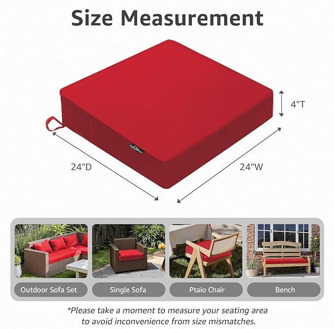 Outdoor Chair Cushions 24 x 24 x 4 Inch, Waterproof & Fade Resistant Patio Seat Cushion for Furniture with Handle and Ties, Thick Seating Pads for Outside Sofa Couch Set of 2, Red