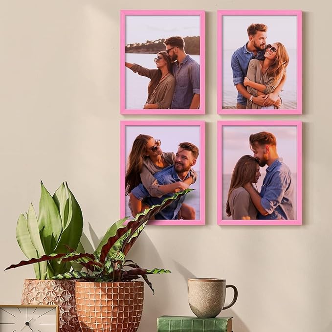 Renditions Gallery Set of 4, 8X10 Custom Photo Prints with Real Wood Picture Frames. Create Personalized Photos with Peel & Stick Photo Frames. Pink Frame