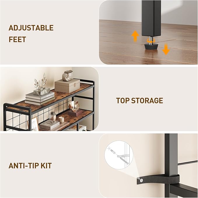 Triple 6-Tier Bookshelf, Industrial Large Bookcase with 18 Open Display Shelves, Modern Tree Bookcase with Metal Frame and Hanging Function for Living Room, Home Office, Rustic Brown and Black