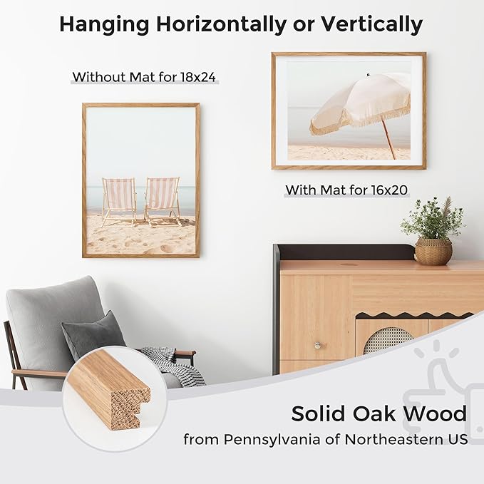 18x24 Poster Frame with Mat for 16x20, Solid Oak Wood Picture Frame with Tempered Glass, Wooden 18''x24'' Minimalist Photo Frame with Free Wall Hooks for Art Photo and Prints, Set of 2, Natural