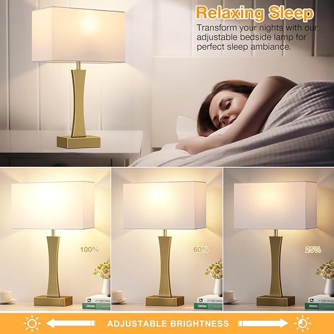 Bedside Lamps for Night Stands - 3 Way Dimmable Table Lamp for Bedroom with USB C+A Ports,Modern Bedside Lamps Set of 2, Touch Lamps for Nightstands(Gold)