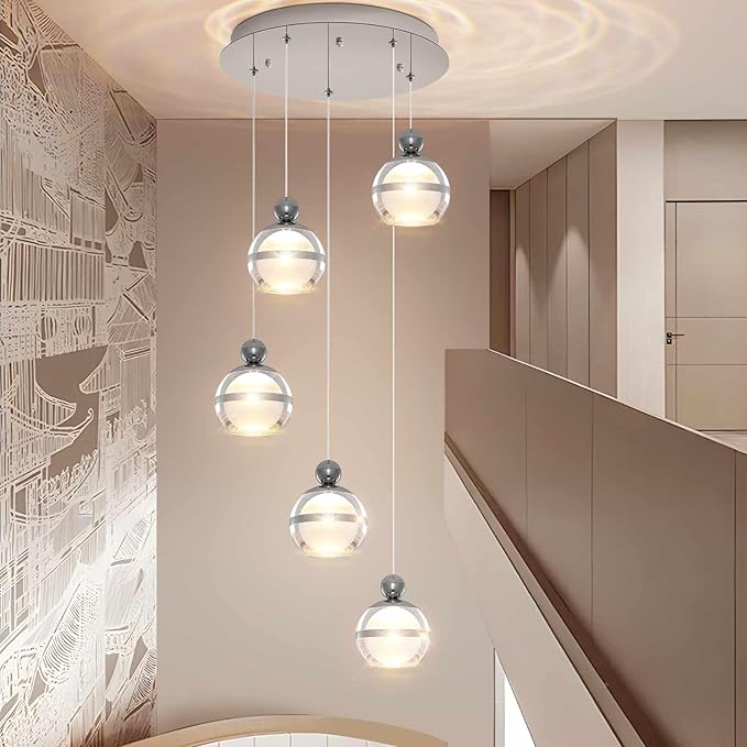 5 Lights Modern Pendant Lighting Chrome Globe Hanging Ceiling Pendant Light Fixtures Cluster LED Dimmable Pendant Lights Kitchen Island for Dining Room Living Room Bedroom Foyer Stairs