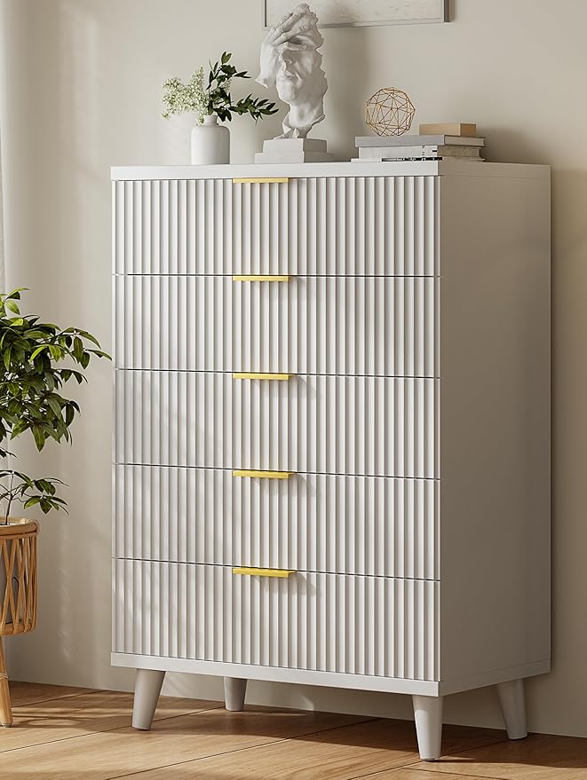 Lulive White Dresser for Bedroom Wood Tall Dressers Drawers, Fluted Modern Dresser 5 Drawers White