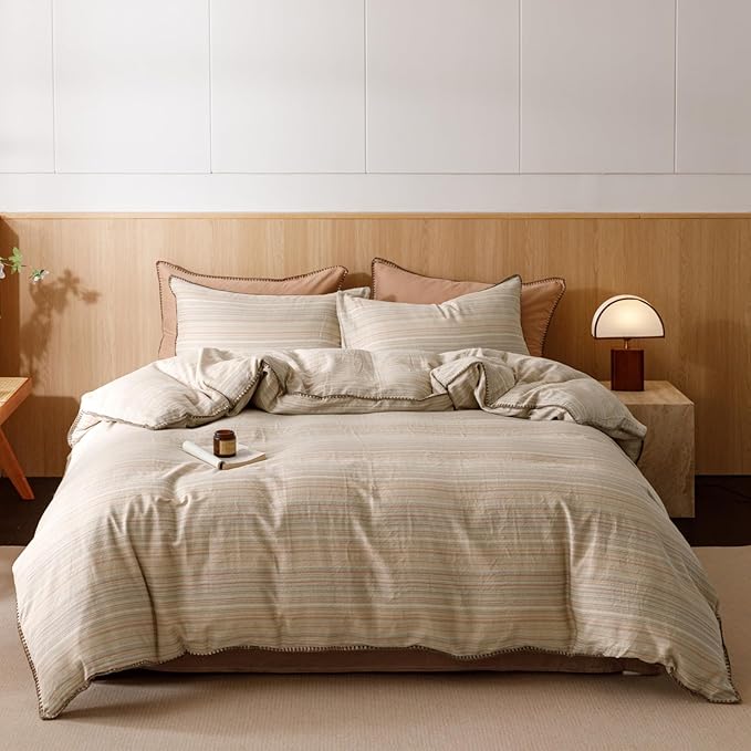 VM VOUGEMARKET Stripes Duvet Cover Set Queen 3pcs Yarn Dyed Muslin Cotton Horizontal Pinstripe Ticking Pattern Bedding Set - Tan Brown Stripe, Queen Size