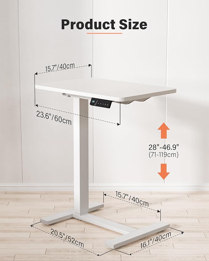 Mobile Standing Desk with Wheels - Electric Height Adjustable Small Movable Laptop Desk, Portable Rolling Computer Workstation Sit Stand Table for Home Office, Sofa & Bedside Use (23.6", White)
