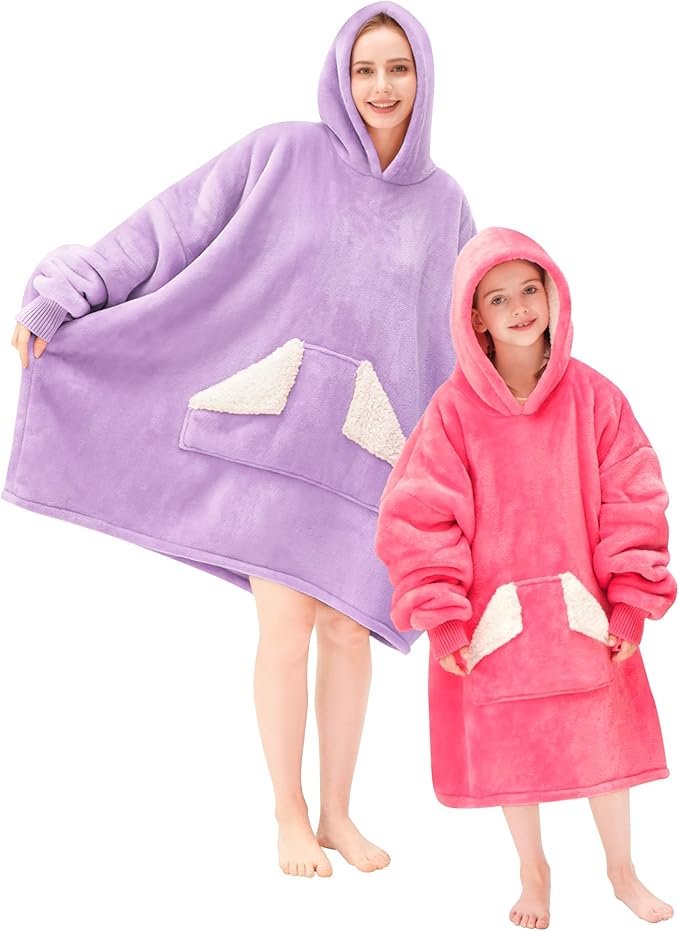 Touchat Wearable Blanket Hoodie, Oversized Sherpa Blanket Sweatshirt with Hood Pocket and Sleeves, Super Soft Warm Plush Hooded Blanket for Adult Women Men (Purple)
