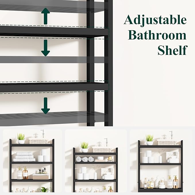 Smiry Over The Toilet Storage Cabinet, 4-Tier Bamboo Bathroom Organizers with Adjustable Shelf & 4 Hooks, Space Saving Shelf Rack for Bathrooms, Laundry Room, Balcony, Black