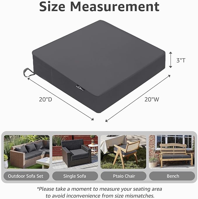 Outdoor Chair Cushions 20 x 20 x 3 Inch, Waterproof & Fade Resistant Patio Seat Cushion for Furniture with Handle and Ties, Thick Seating Pads for Outside Sofa Couch Set of 2, Grey