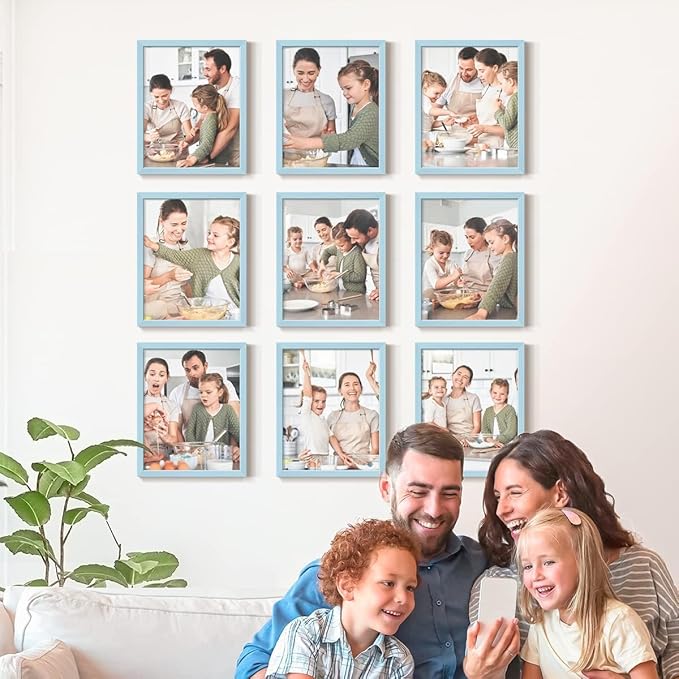 Renditions Gallery Set of 9, 8X10 Custom Photo Prints with Real Wood Picture Frames. Create Personalized Photos with Peel & Stick Photo Frames. Blue Frame