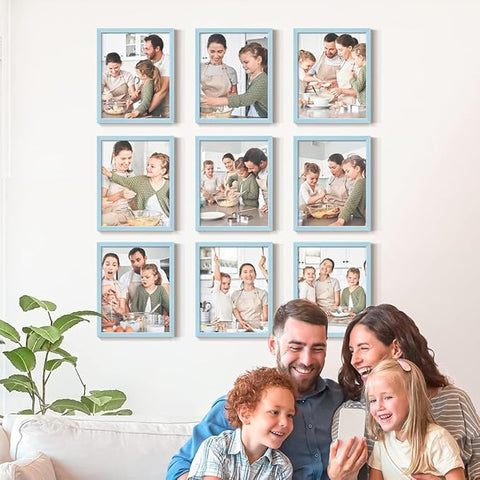Renditions Gallery Set of 9, 8X10 Custom Photo Prints with Real Wood Picture Frames. Create Personalized Photos with Peel & Stick Photo Frames. Blue Frame