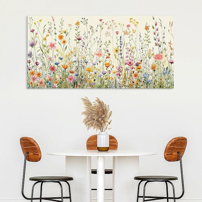 HPINUB Colorful Flower Framed Canvas Wall Art Set, Watercolor Daisy Floral Wall Decor, Wildflower Green Leaf Wall Painting, Multicolour Botanical Art Print for Living Room, Bedroom, Office - 20"x40"