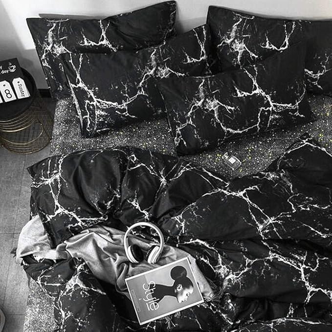 Pureant Black Marble Comforter Sets Queen Black and White Marble Bedding Comforters Cotton Women Men Modern Aesthetic Black Quilt Comforter Set Queen Size Abstract Black Marble Blankets Queen Bedding